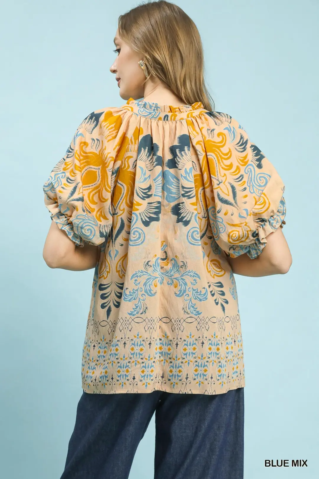Border Print Puff Sleeve V-Neck Blouse, image 3