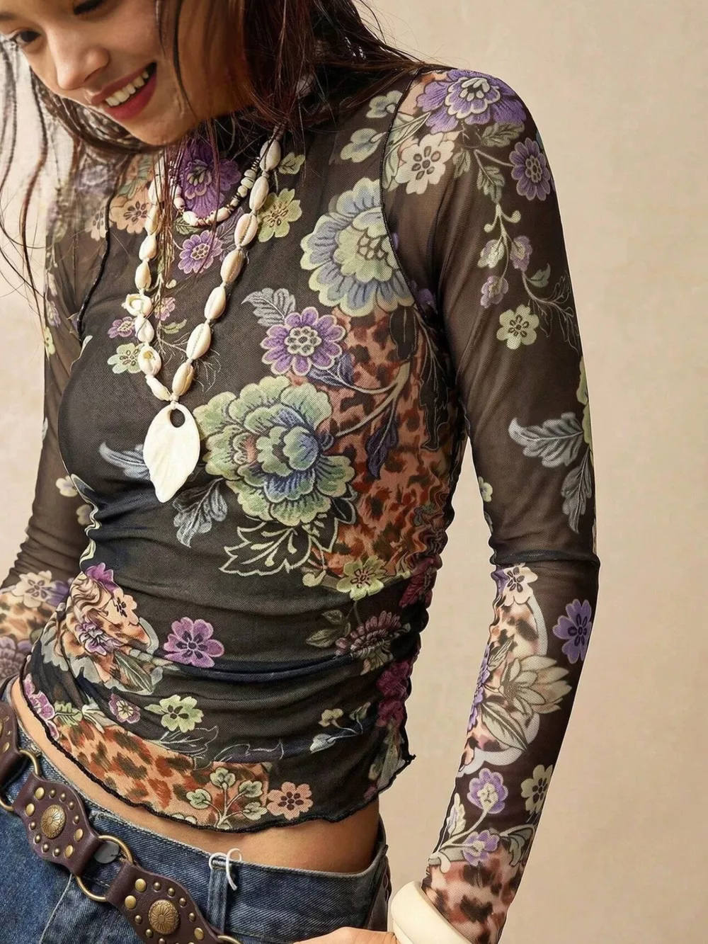 Floral Mesh Long Sleeve Top, image 4