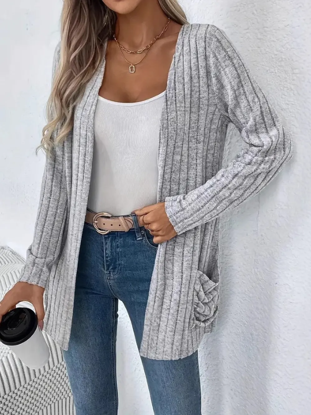 Ribbed Open Front Long Sleeve Cardigan with Pockets, image 3