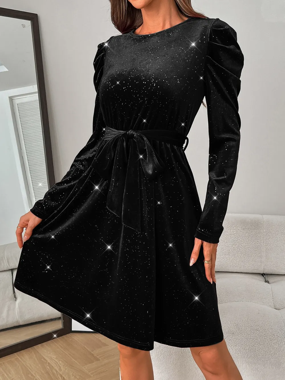 Glitter Round Neck Puff Sleeve Dress, image 14