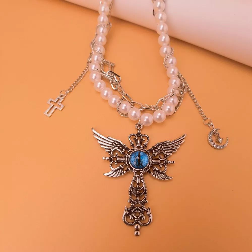 Gothic Pearl Double Layered Necklace with Wing Pendant, image 7
