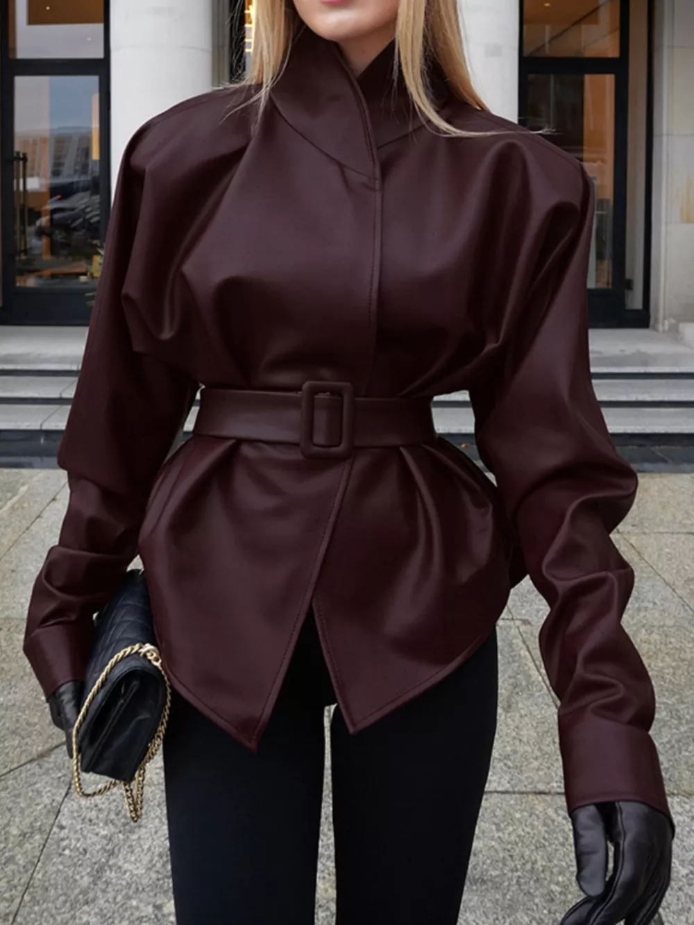 Stand Collar Belted Faux Leather Jacket, image 2