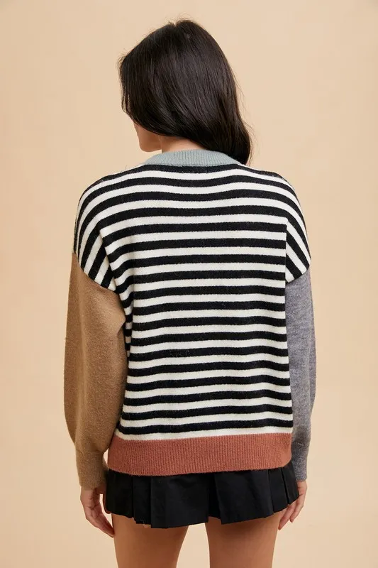 Striped Color Block Round Neck Sweater, image 2