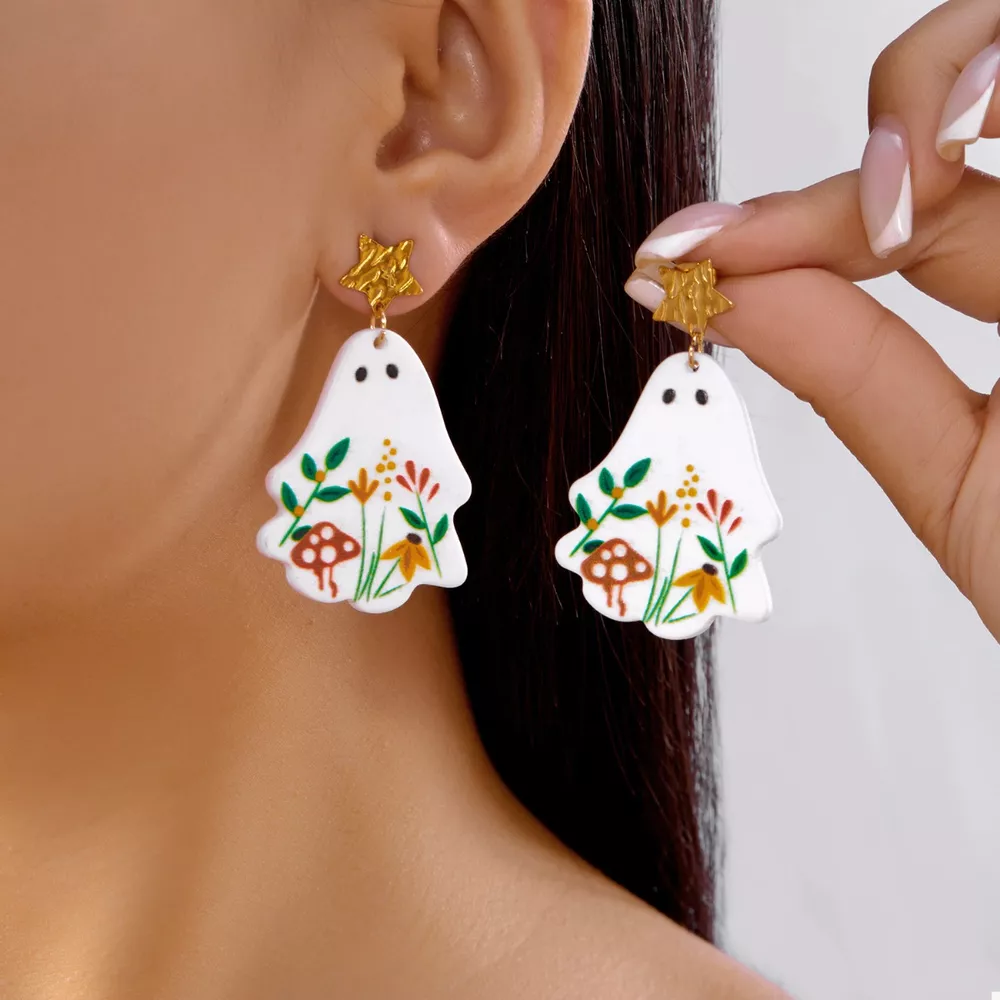 Whimsical Ghost Earrings with Floral Design, image 2