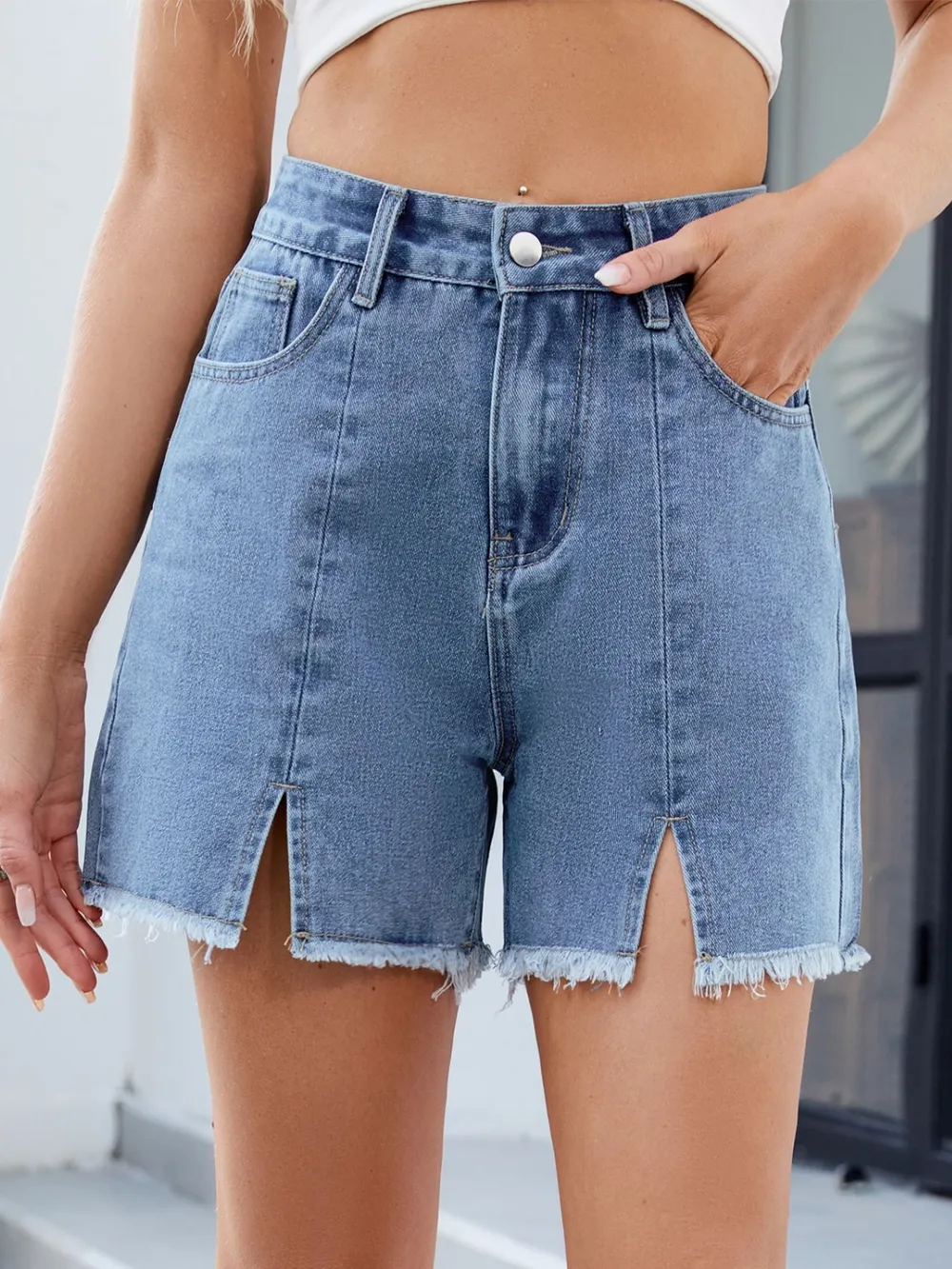 Raw Hem Slit Denim Shorts, image 13