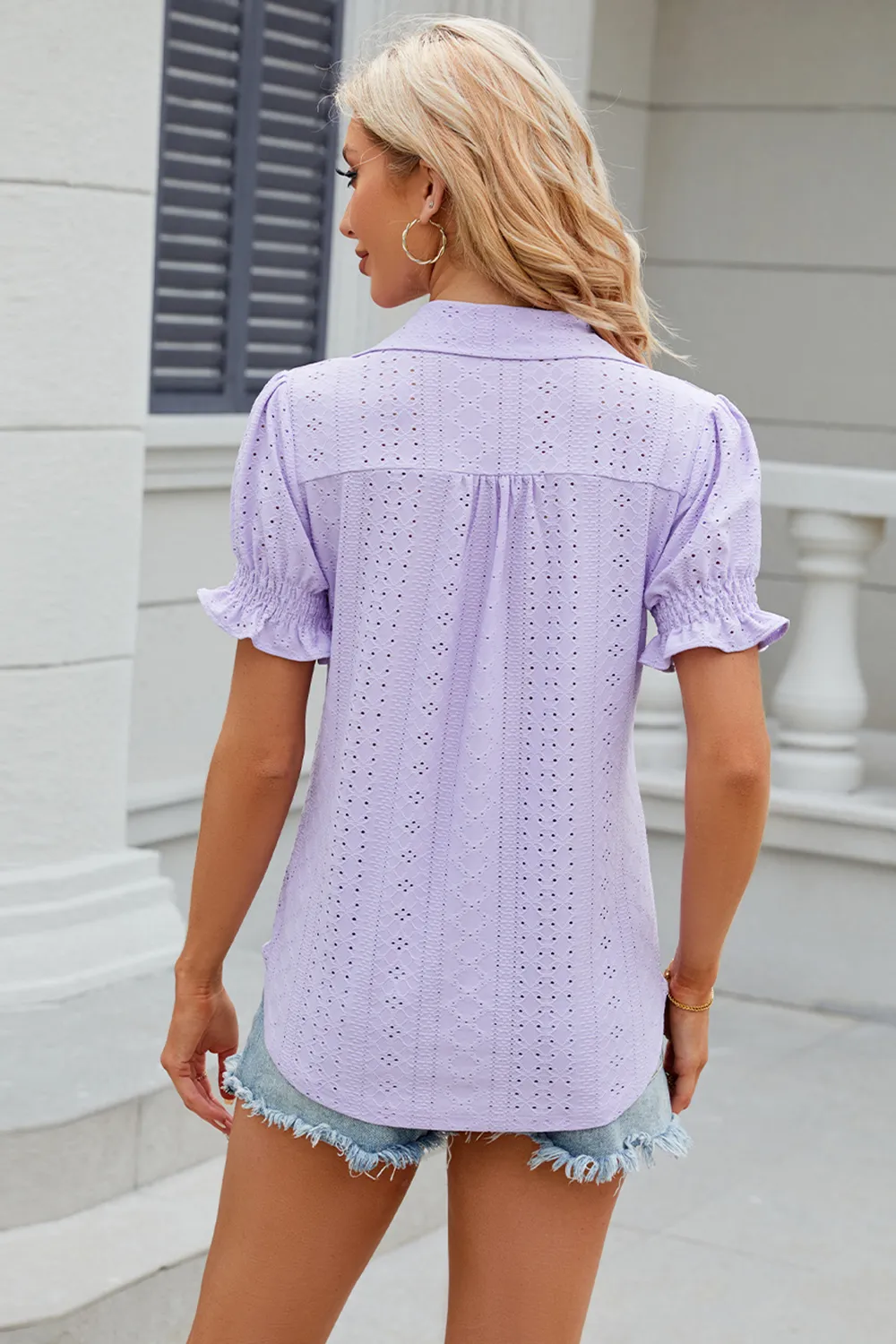 Eyelet Johnny Collar Short Sleeve Blouse, image 21