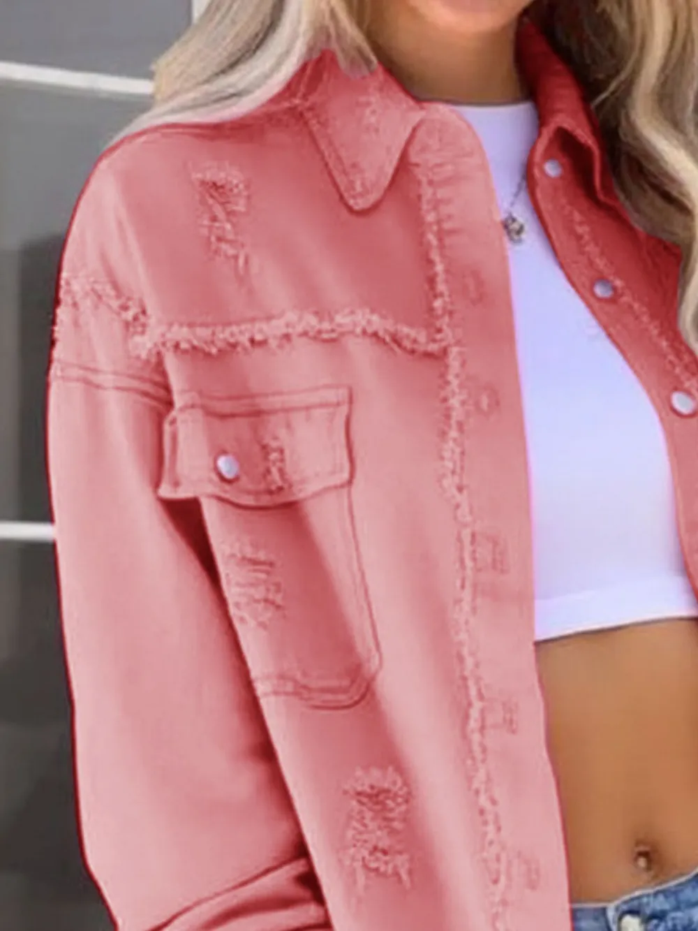 Distressed Denim Jacket with Frayed Edges, image 22