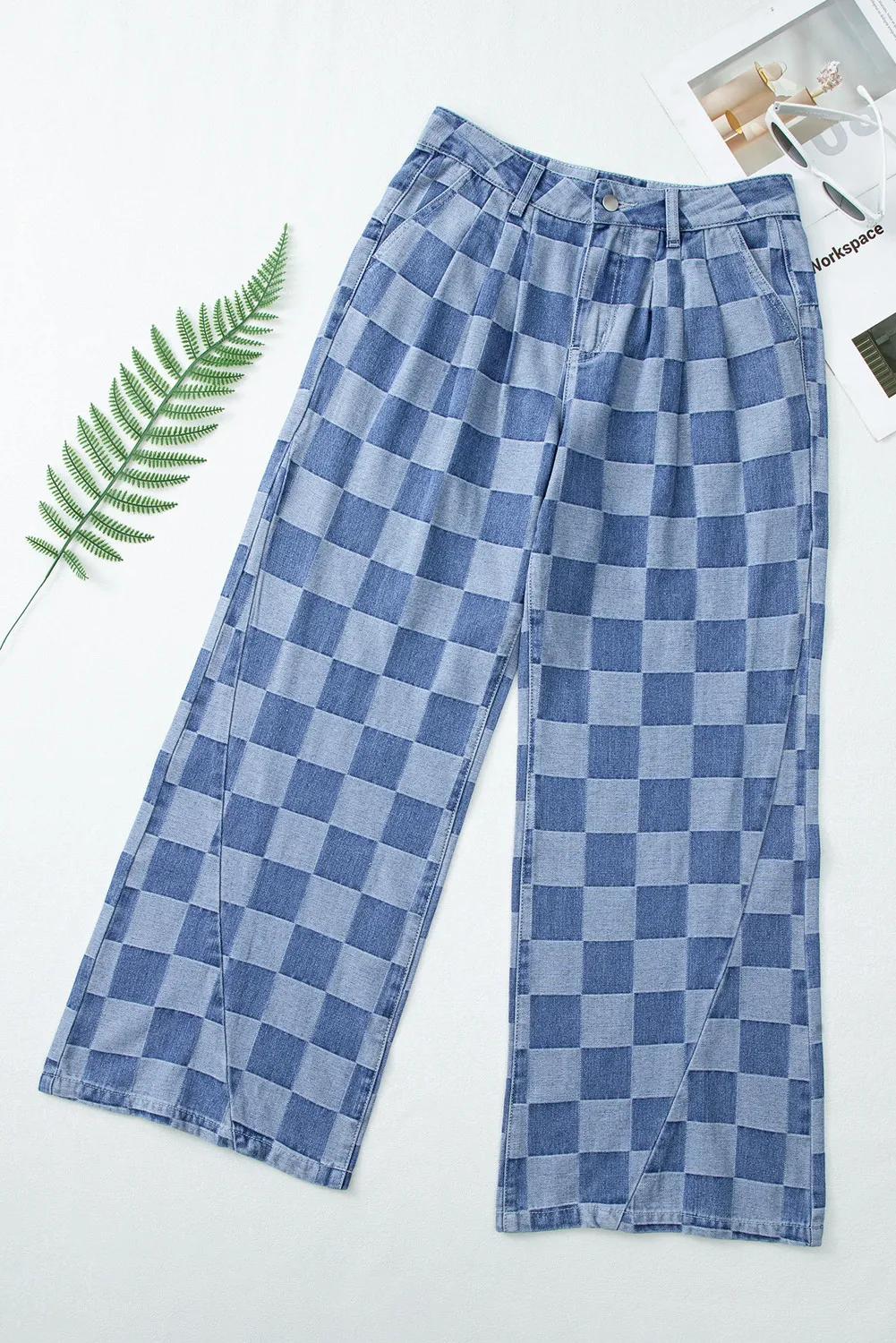 Checkered Wide Leg Jeans with Pockets, image 8