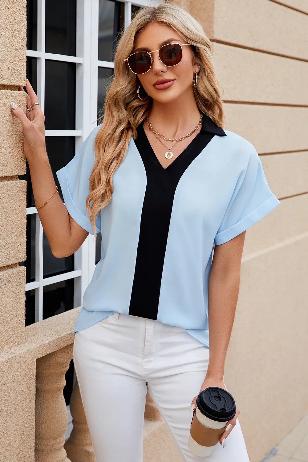 Contrast Johnny Collar Short Sleeve Blouse, image 18