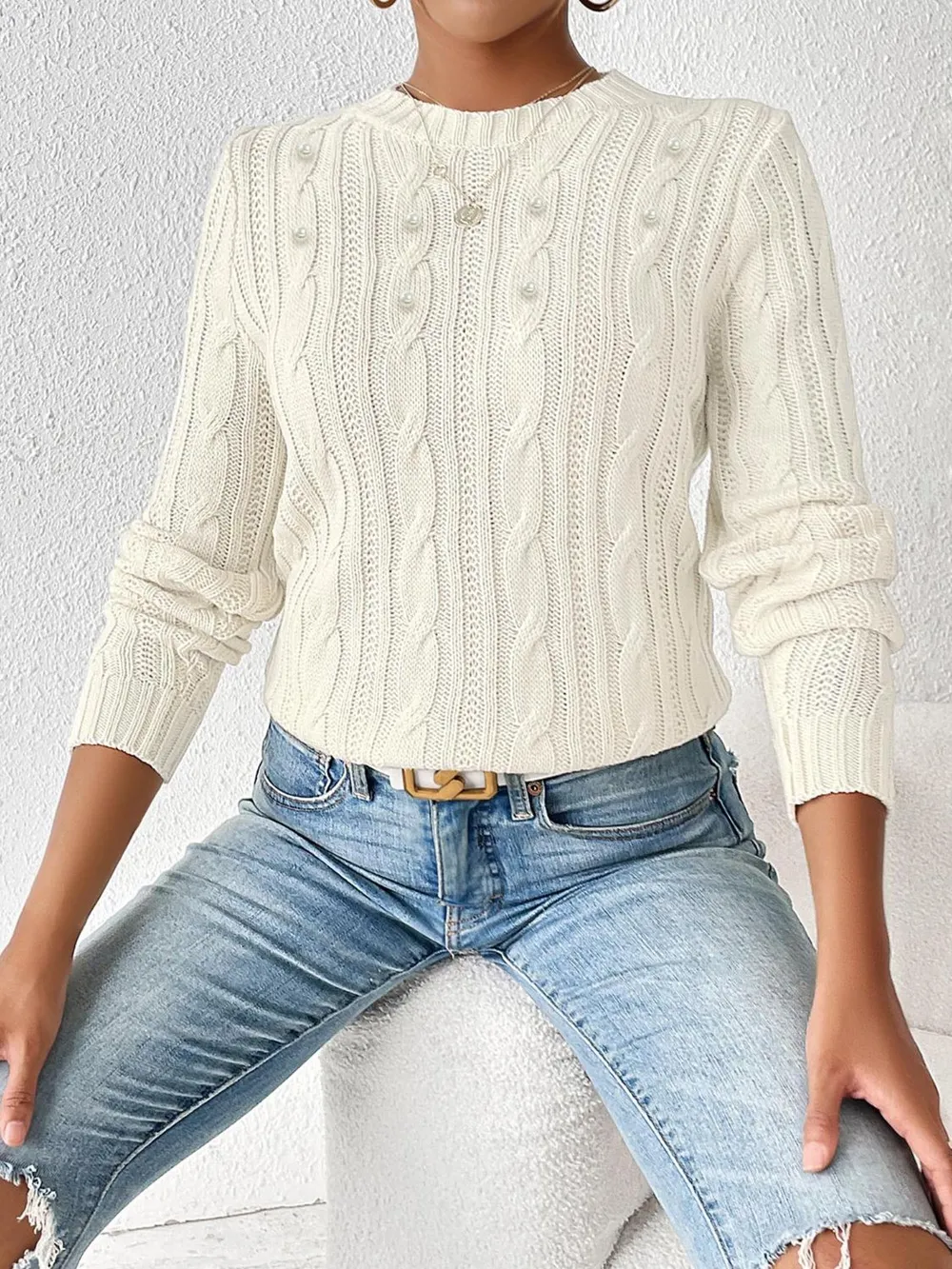 Cable-Knit Round Neck Long Sleeve Sweater, image 8