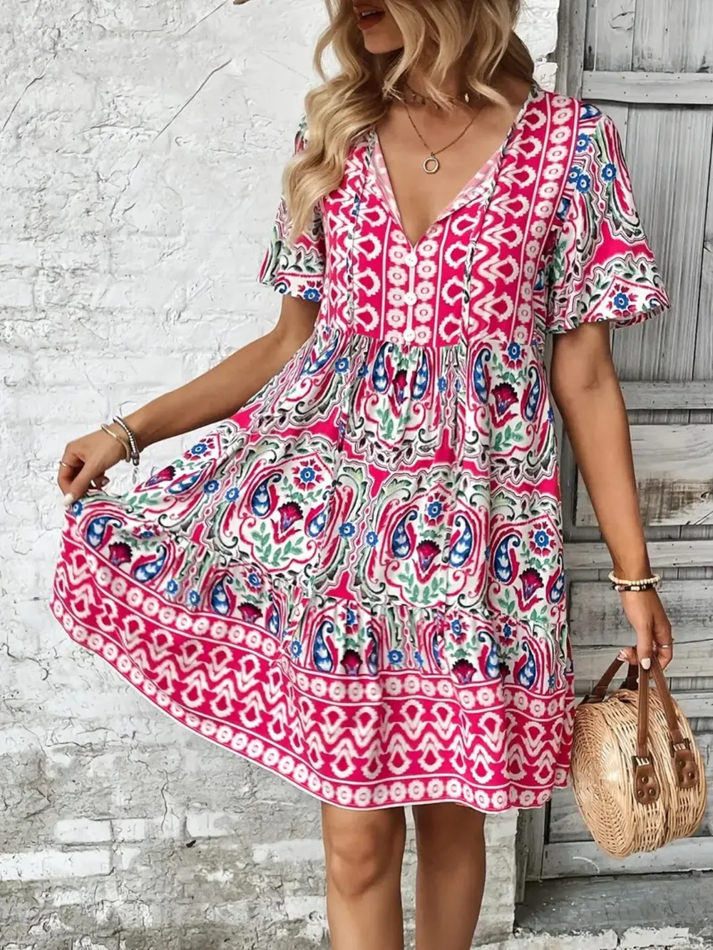Printed Tie Neck Short Sleeve Dress, image 13
