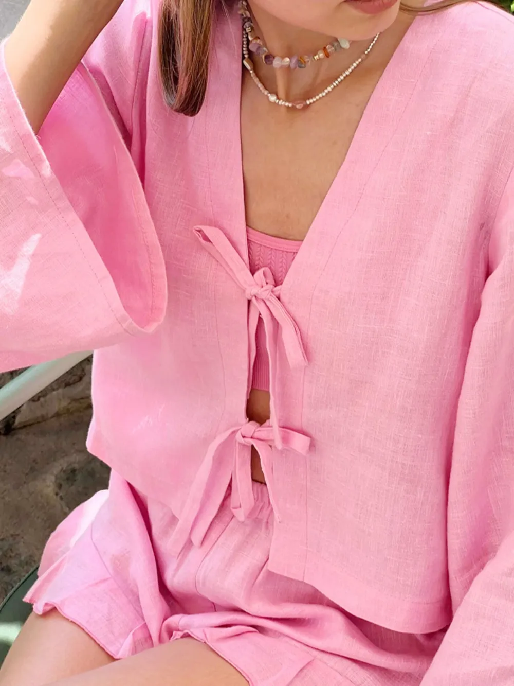 Tie Front Long Sleeve Top and Shorts Set, image 2
