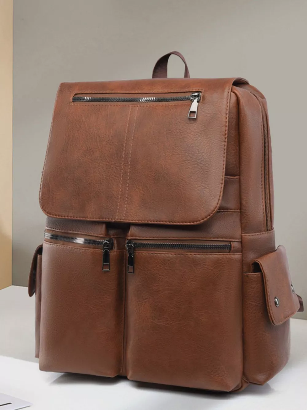Leather Flapover Backpack Bag, image 3