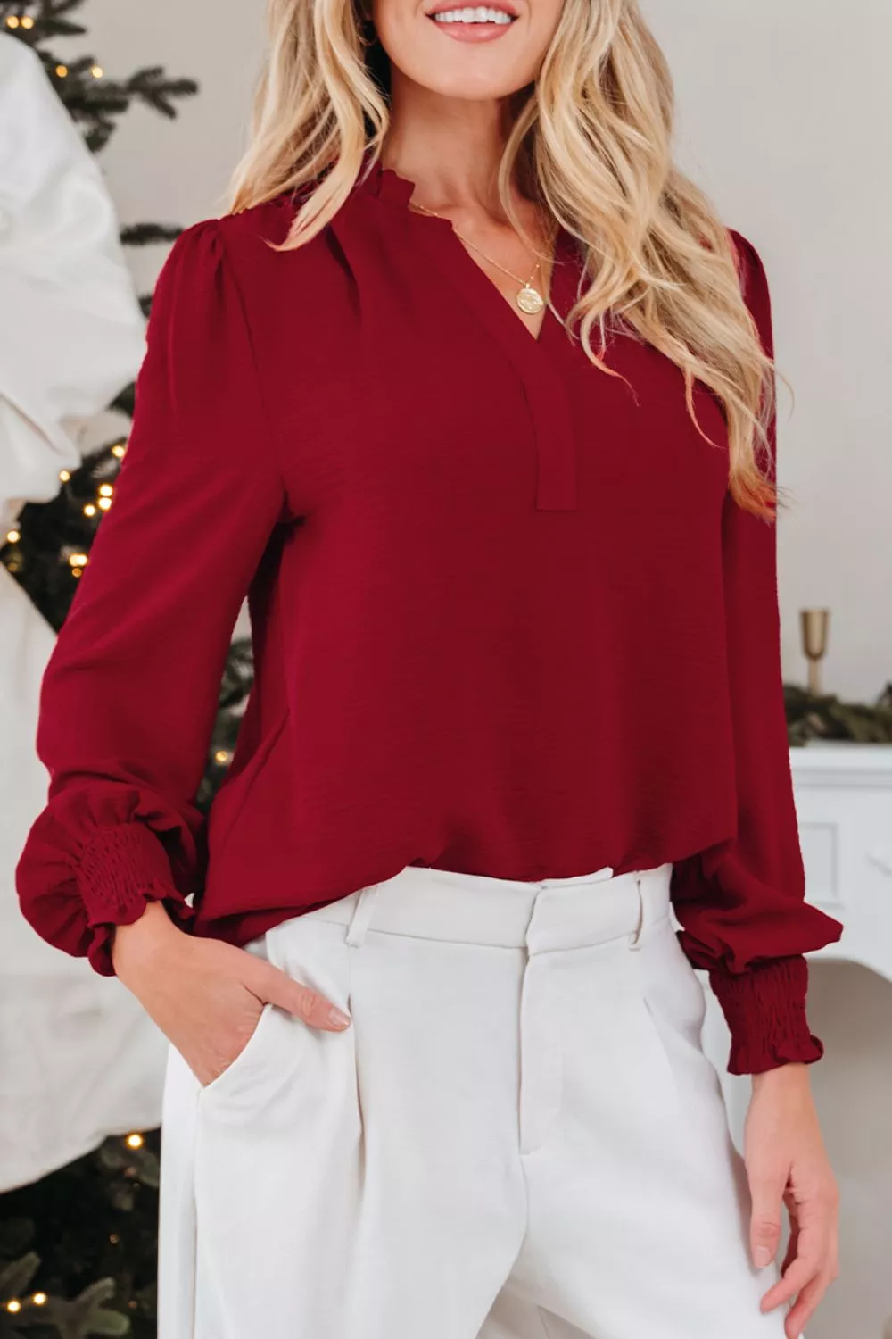 Notched Neck Shirred Cuff Long Sleeve Blouse, image 5