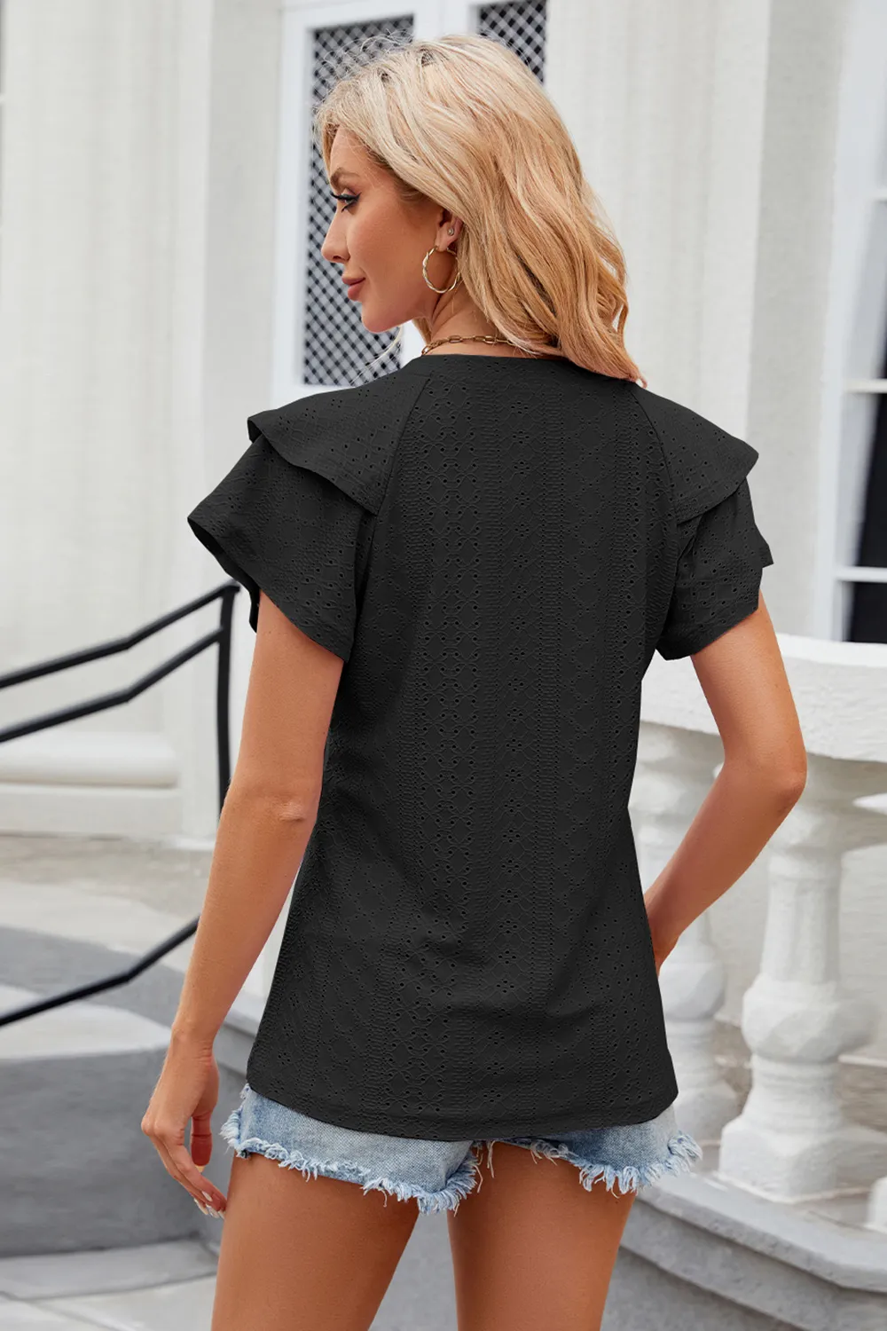 Eyelet Notched Short Sleeve T-Shirt, image 20