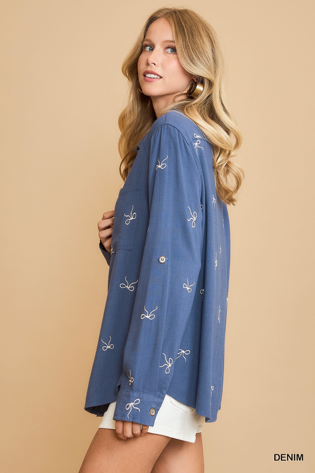 Linen Blend Fitted Shirt with Ribbon Embroidery Details, image 3