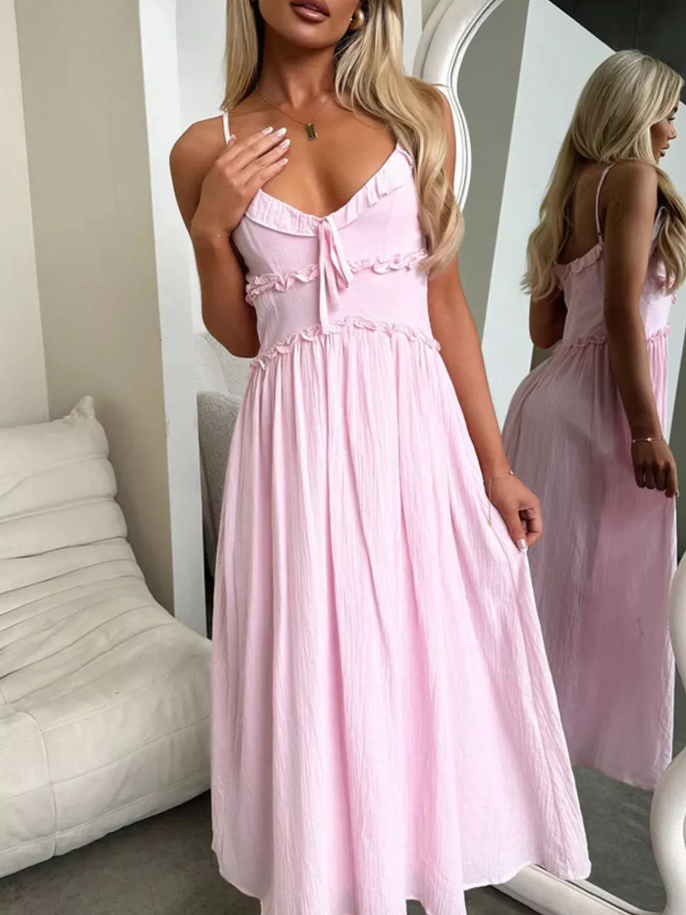 Ruffled Trimmed Spaghetti Strap Midi Dress, image 4