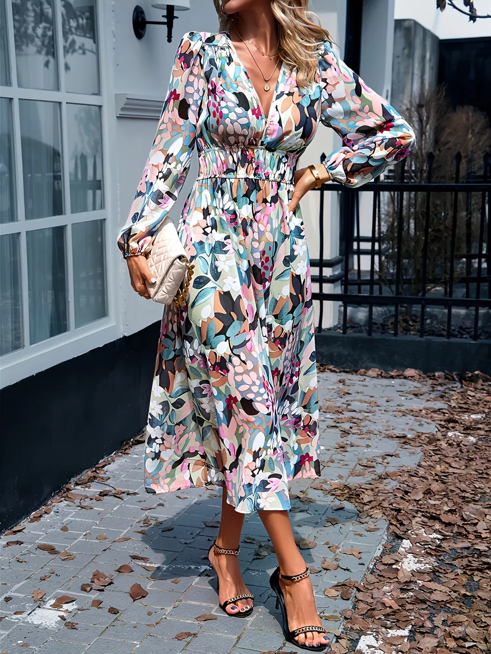 Floral Print Long Sleeve Midi Dress, image 9