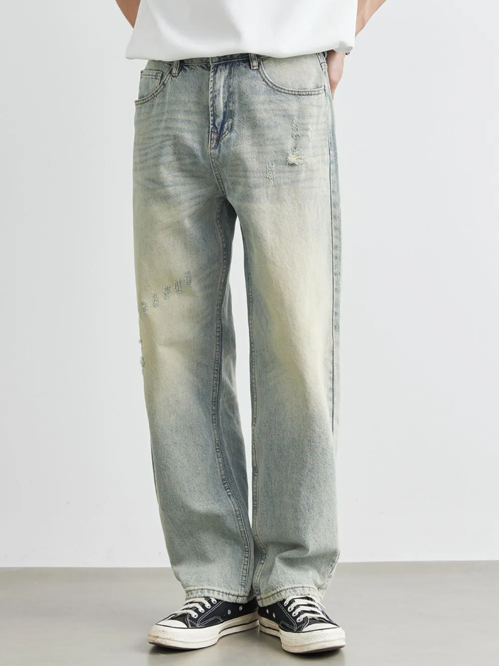 Men's Distressed Wash Wide Leg Jeans, image 3