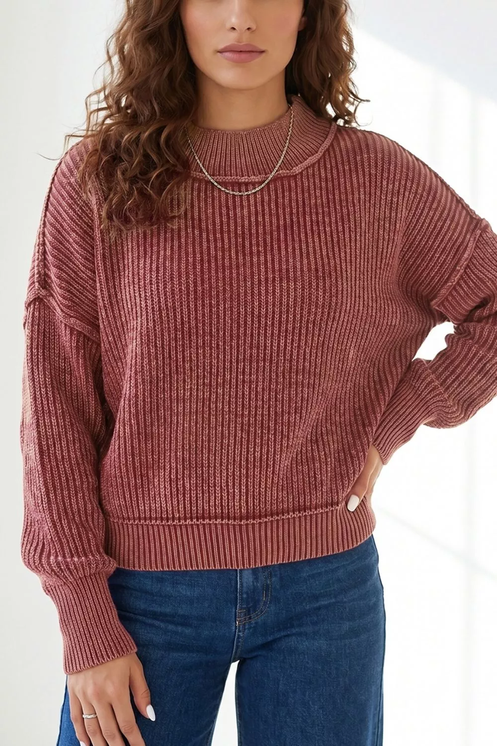 Drop Shoulder High Neck Ribbed Sweater, image 2