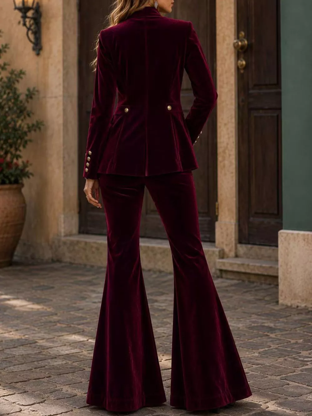 Velvet Double-Breasted Blazer and Flare Pants Set, image 7