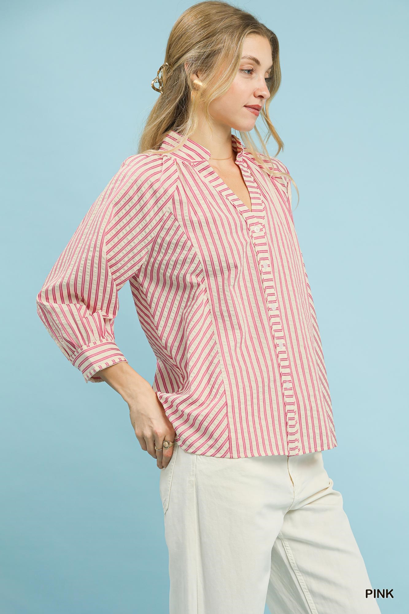 Striped V-Neck Button Down Top, image 5