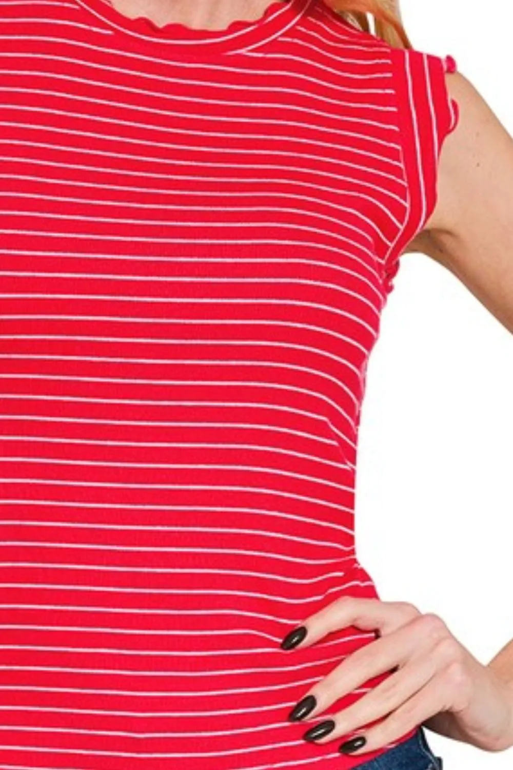 Ribbed Ruffle Trim Sleeveless Stripe Top, image 3