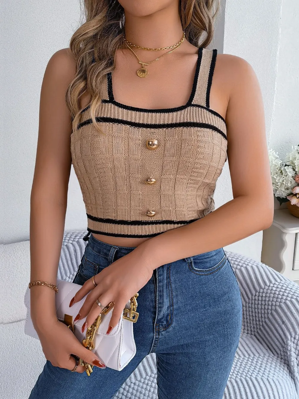 Decorative Button Wide Strap Knit Cami, image 2