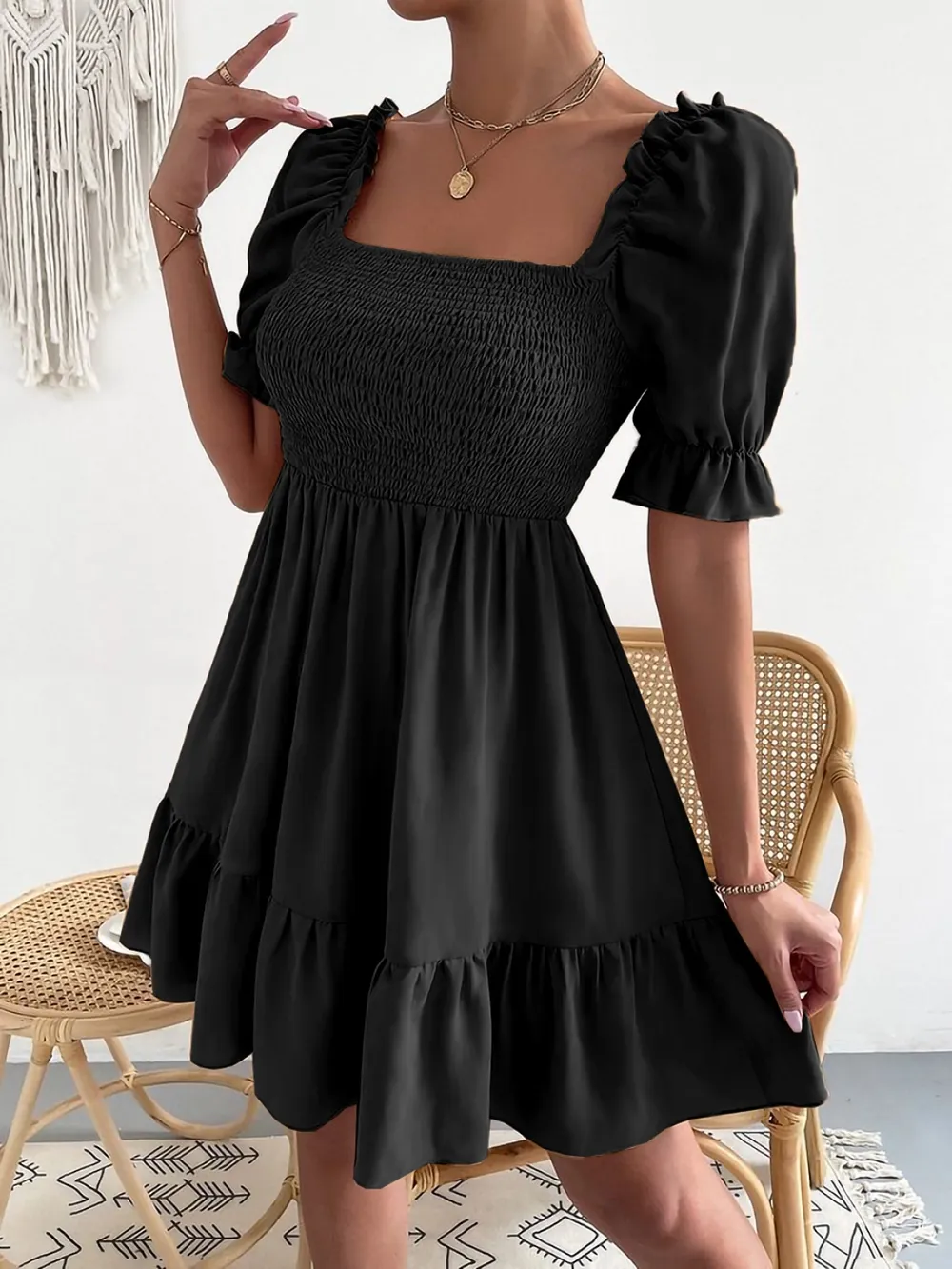 Smocked Square Neck Short Sleeve Dress, image 19