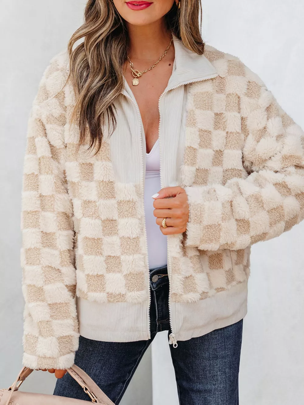 Checker Sherpa Corduroy Patchwork Zip Up Jacket, image 5