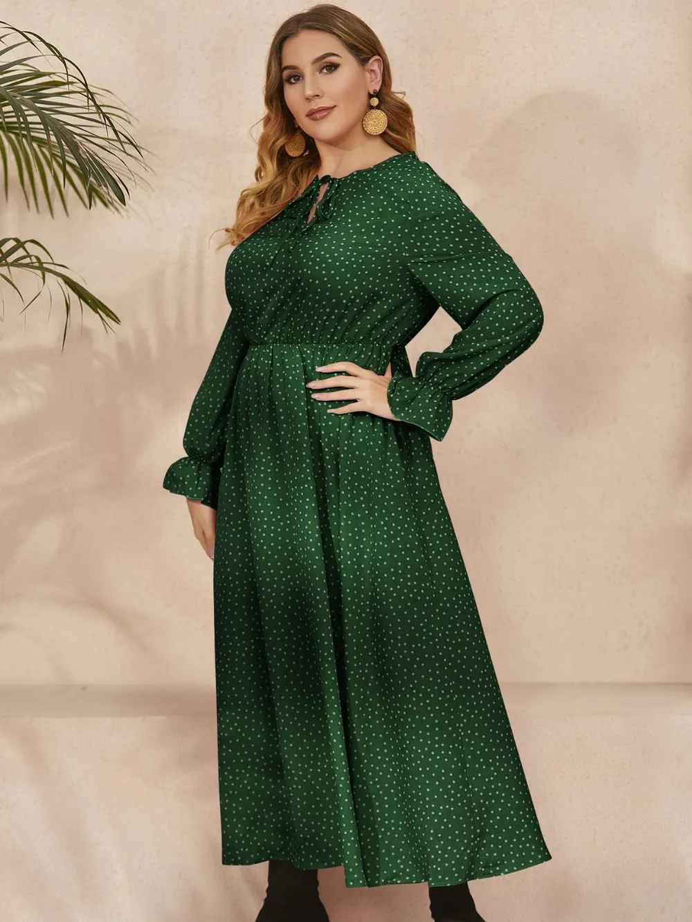Plus Size Ruffled Polka Dot Long Sleeve Midi Dress, image 14