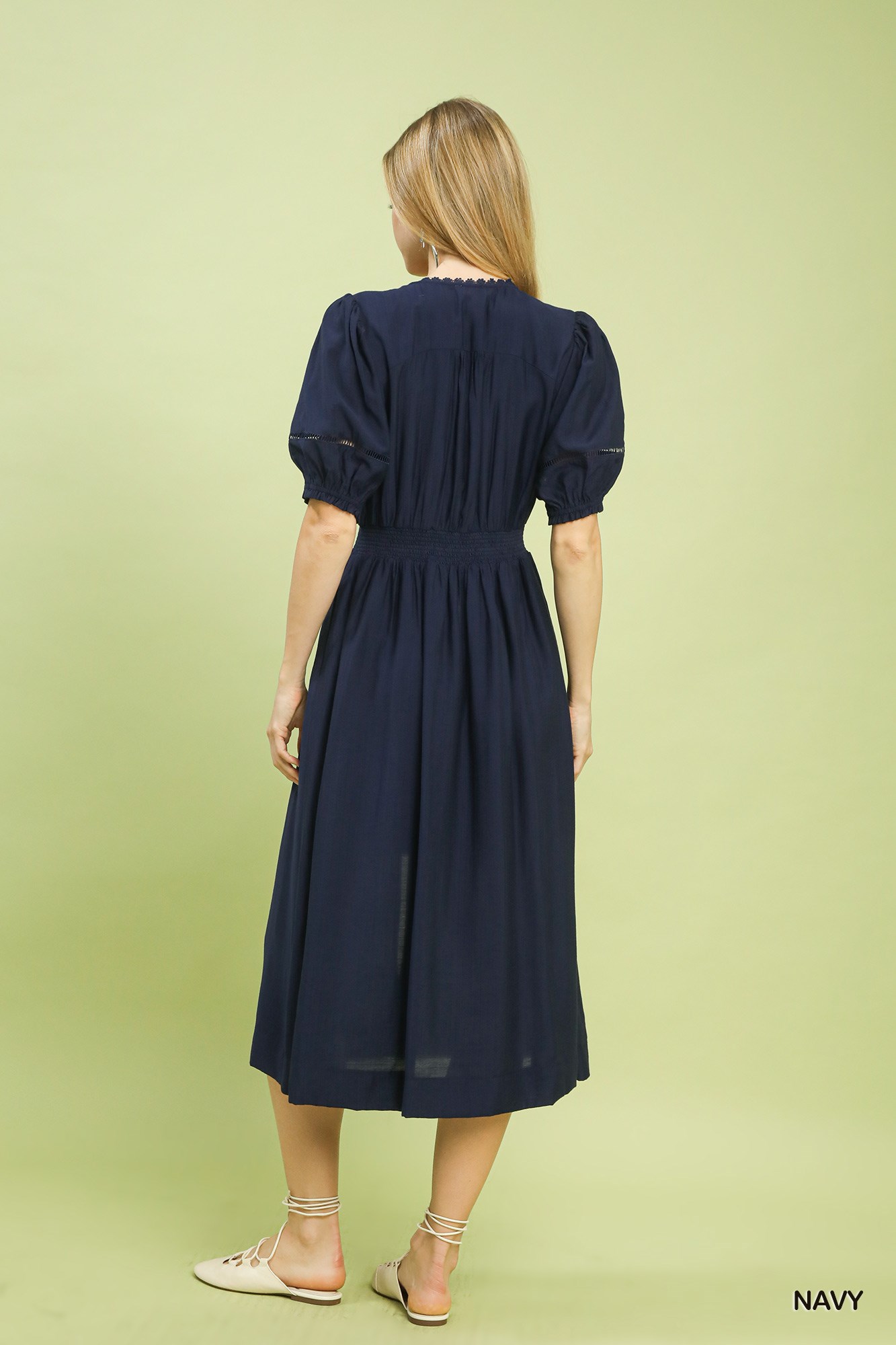 Zip-Front Smocked Waist Midi Dress, image 4