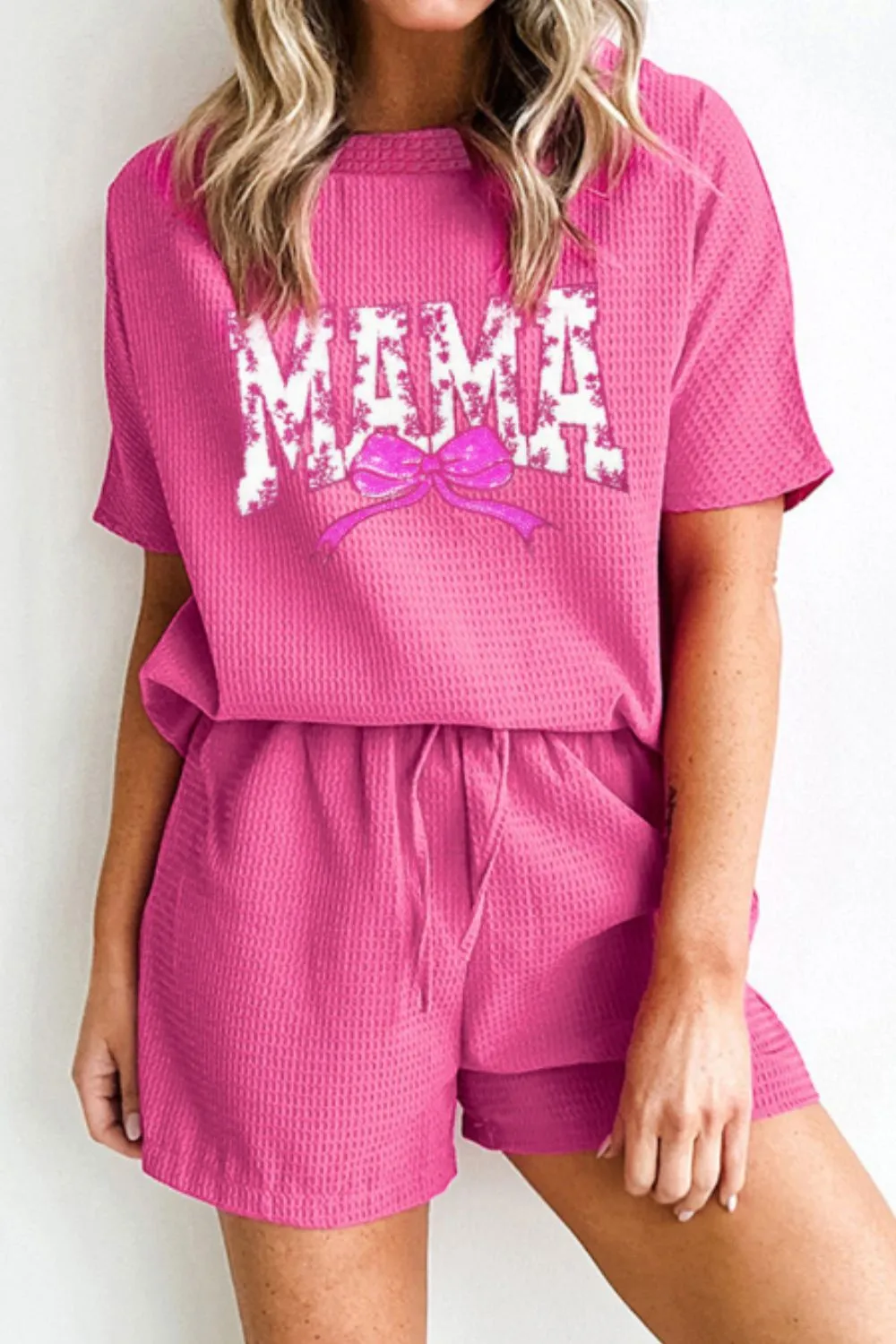 Waffle Sequin Floral MAMA Bow Graphic Top and Shorts Set, image 6