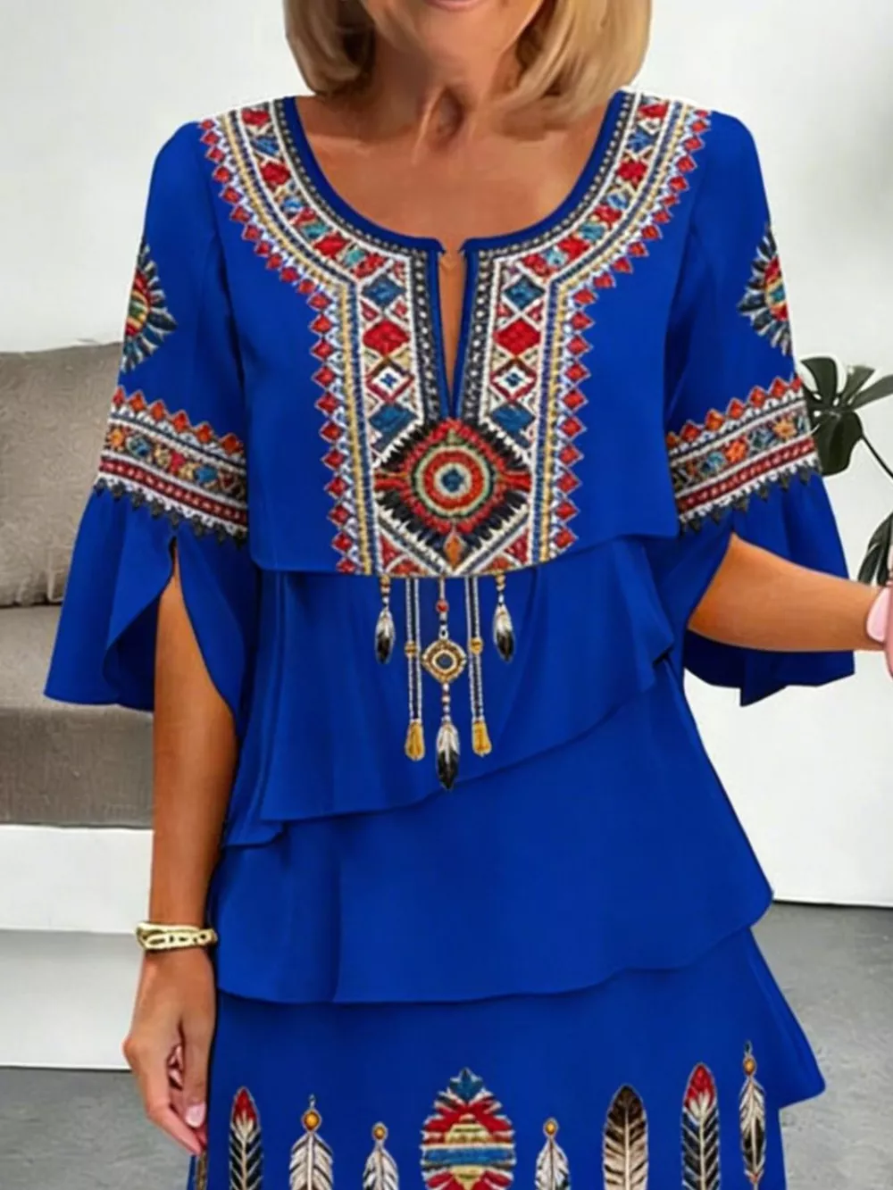 Full Size Printed Notched Ruffled Half Sleeve Dress Plus Size, image 7