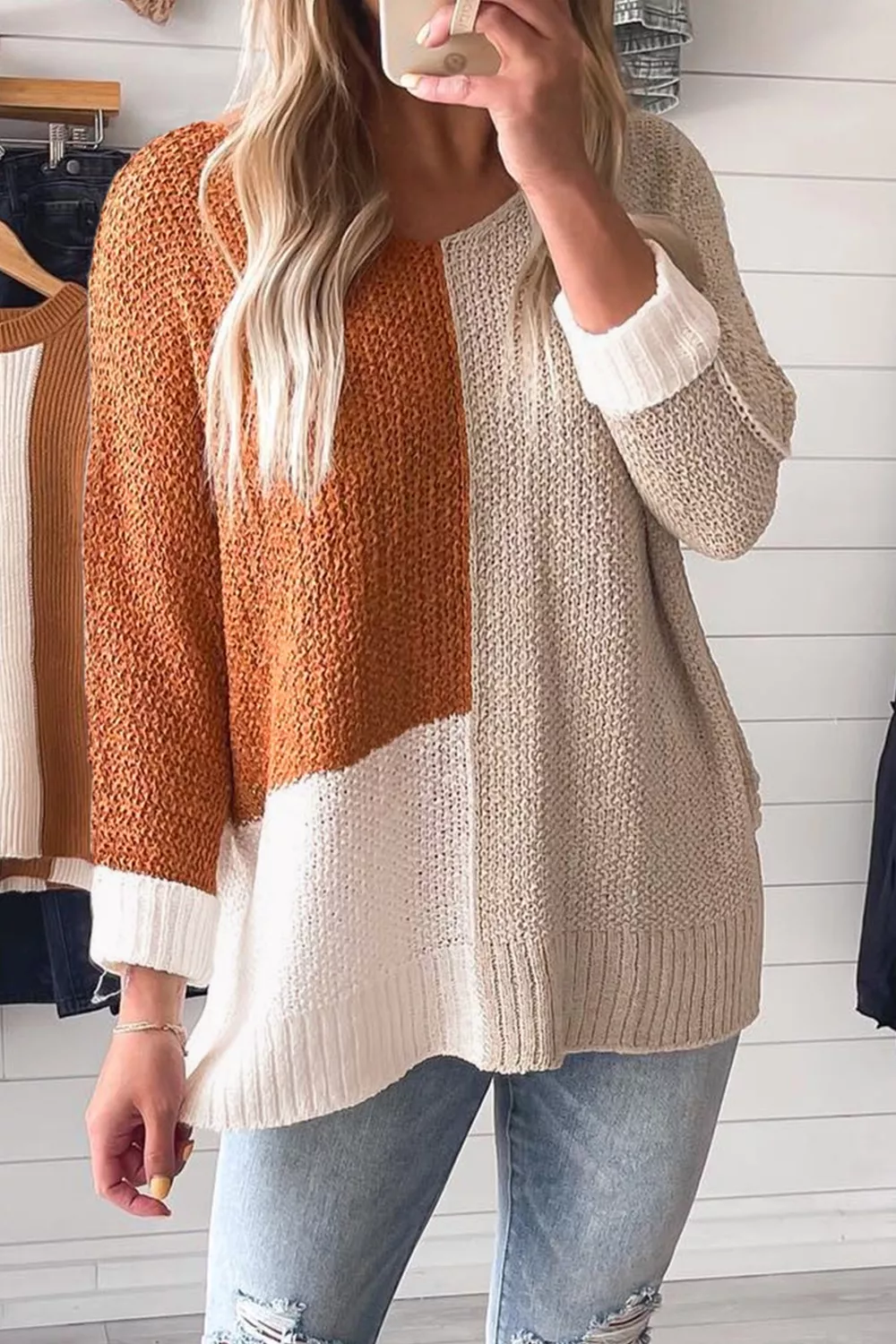 Color Block Knit V Neck Loose Sweater, image 13