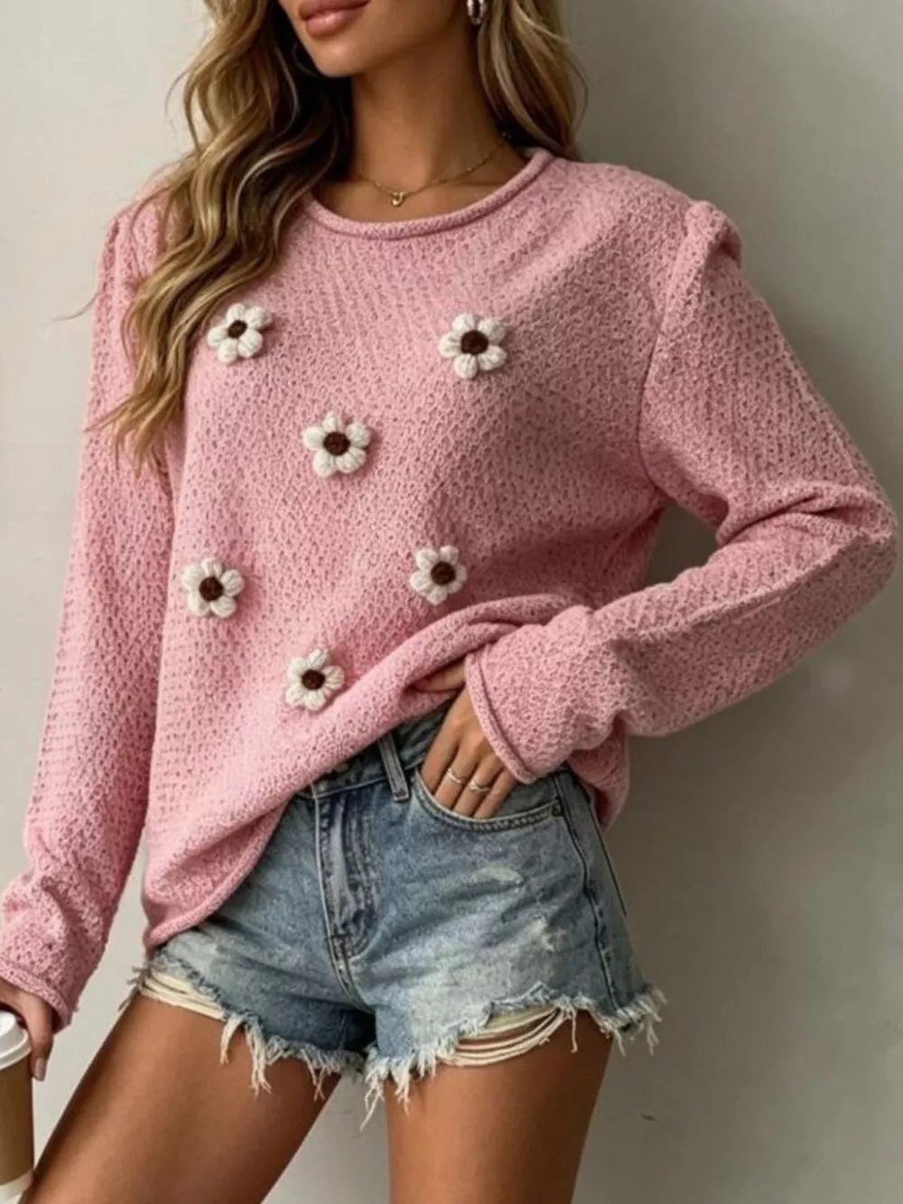 Full Size Floral Applique Textured Knit Sweater Plus Size, image 10