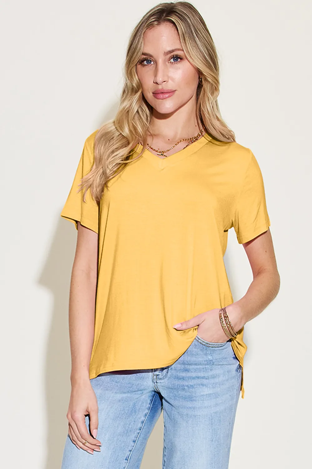 Bamboo Full Size V-Neck High-Low T-Shirt, image 19