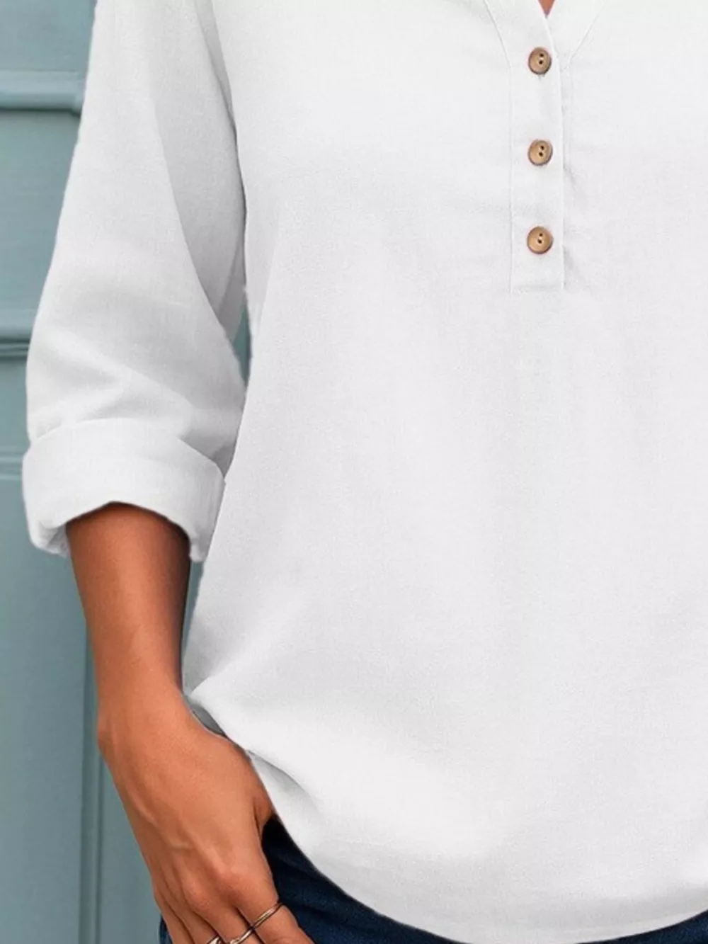 Full Size Button Detail Notched Long Sleeve Blouse Plus Size, image 12