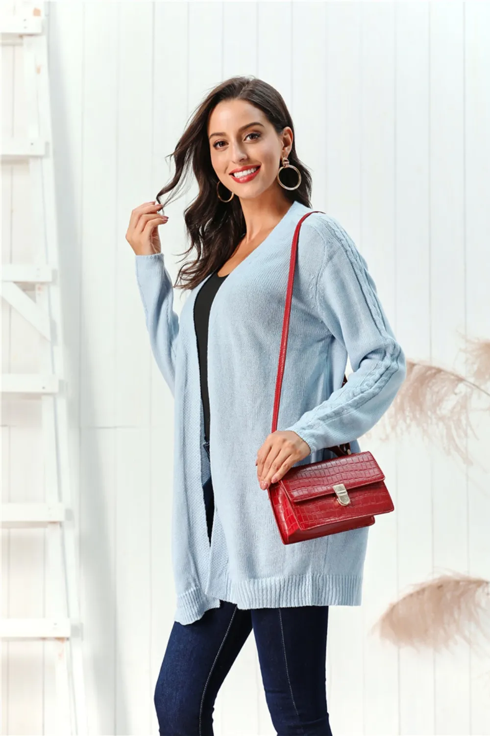 Cable-Knit Open Front Long Sleeve Cardigan, image 16