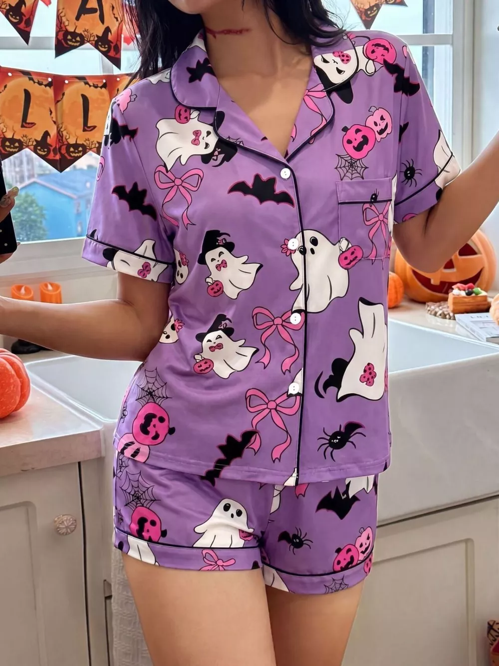 Halloween Ghost Print Button-Down Top and Shorts Lounge Set, image 9