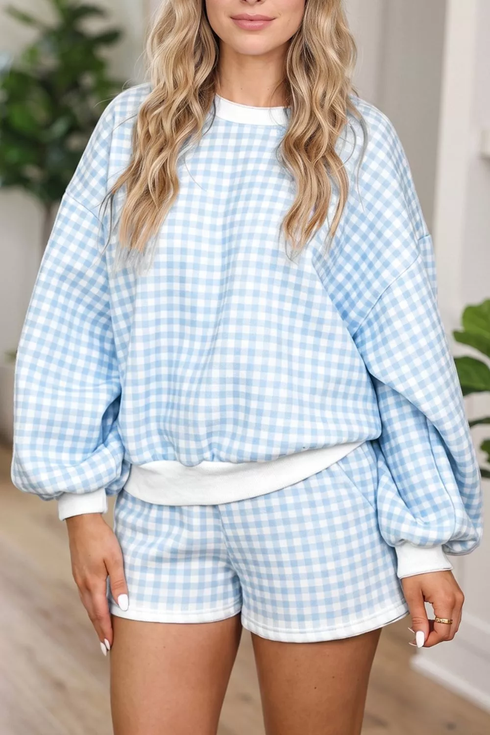 Gingham Long Sleeve Sweatshirt and Shorts Set