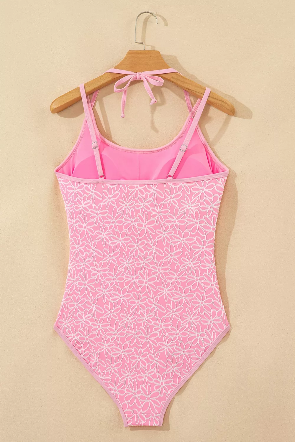 Corded Flower Texture Spaghetti Straps Halter Neck One Piece Swimsuit, image 12