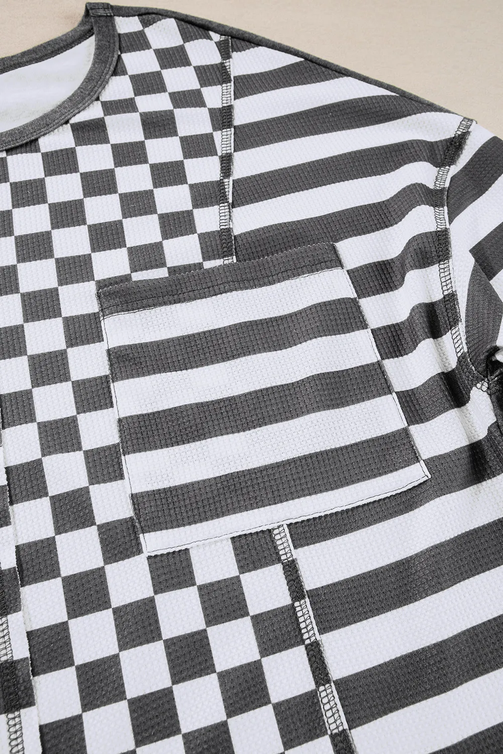 Checker & Stripes Round Neck Long Sleeve Blouse, image 8