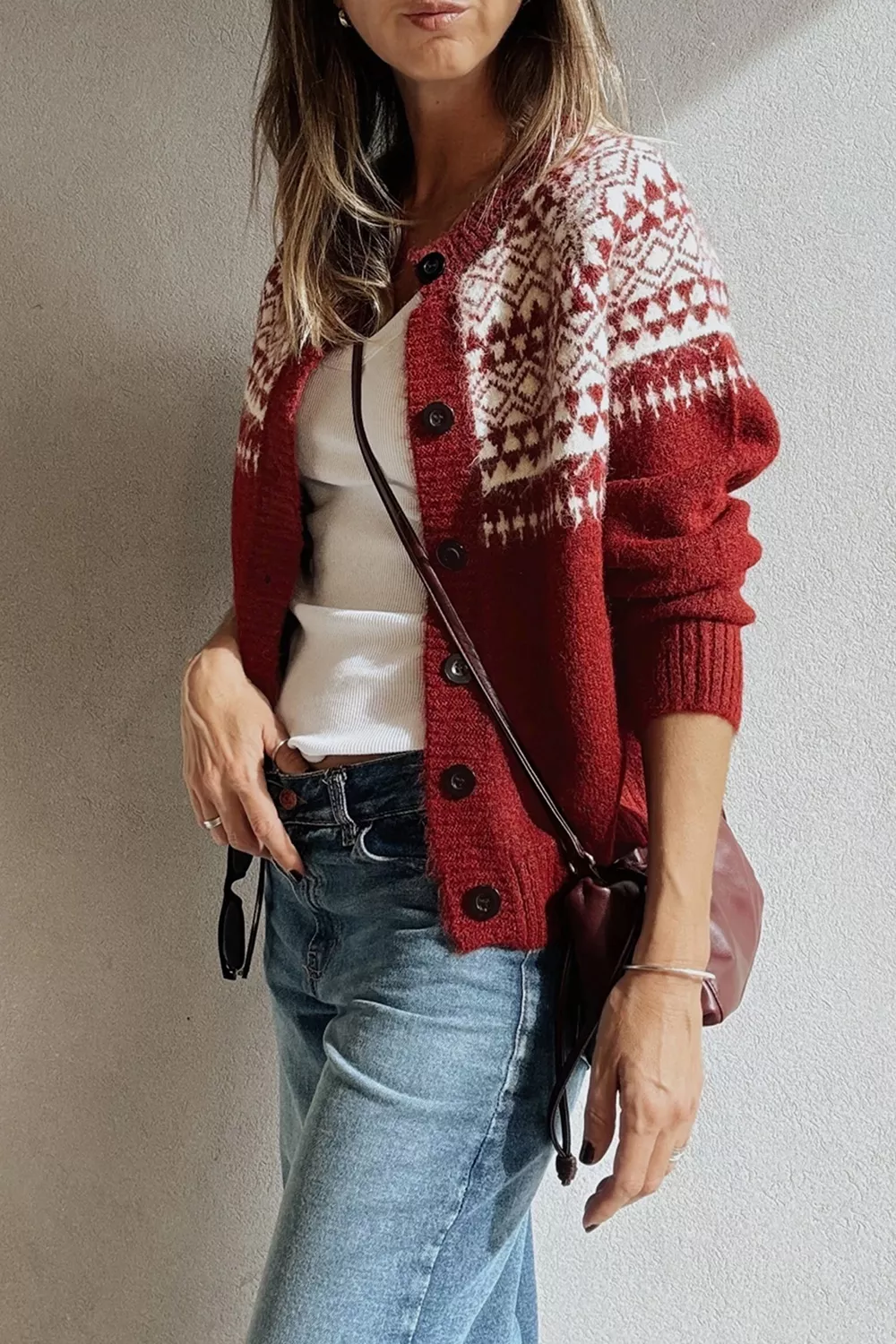 Geometric Print Button Front Long Sleeve Knitwear Cardigan, image 7