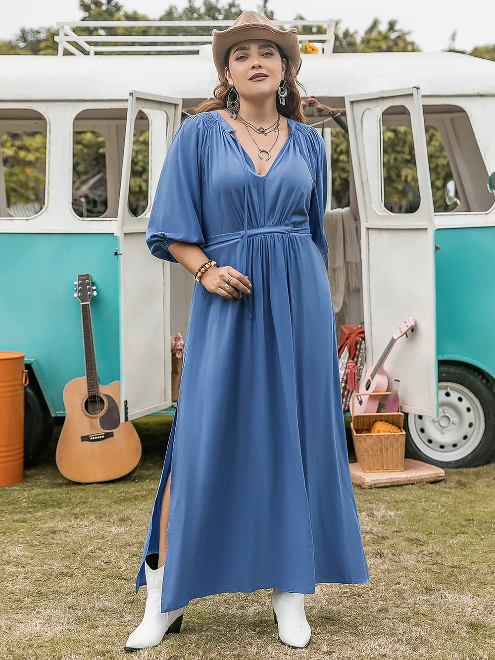 Plus Size Ruched Slit Three-Quarter Sleeve Midi Dress, image 5