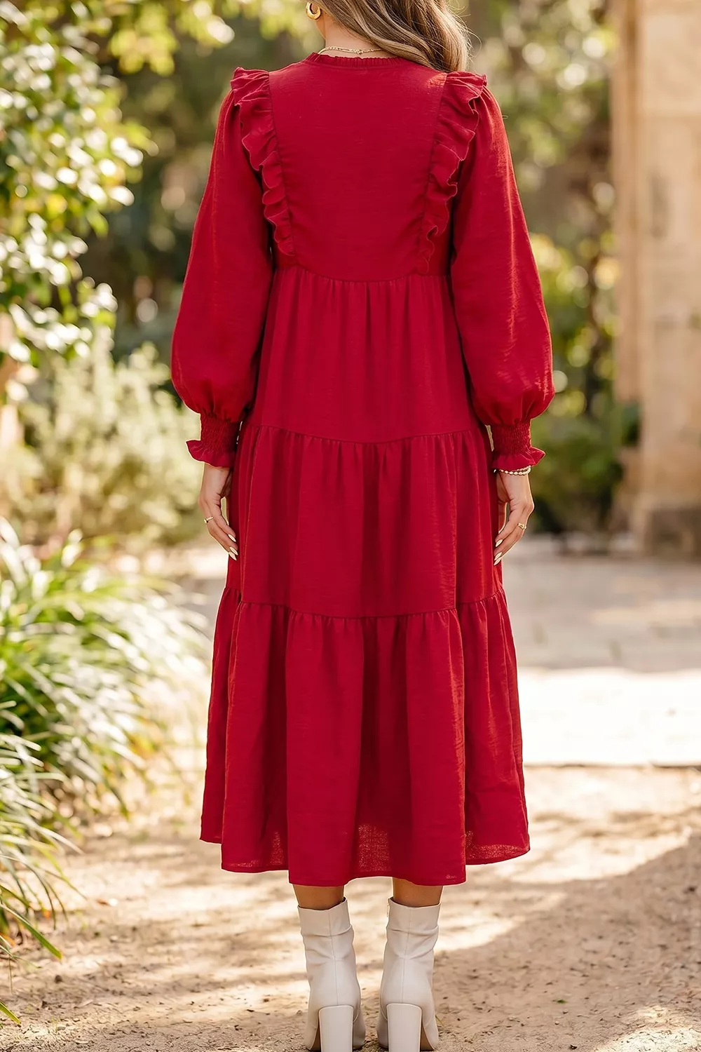 Solid Color Ruffle Trim Long Sleeve Tiered Shift Midi Dress, image 2