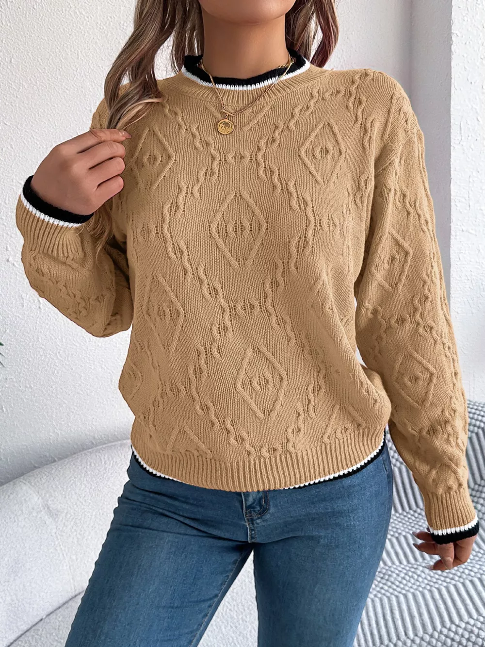 Contrast Trim Round Neck Sweater, image 10
