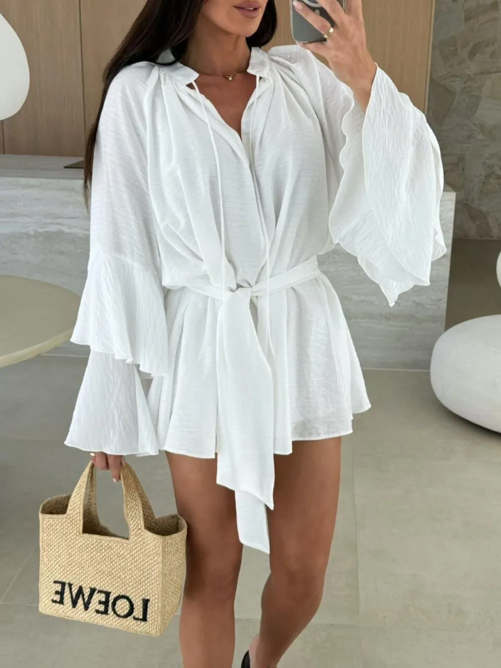 Bell Sleeve Tie Waist Mini Shirt Dress, image 19
