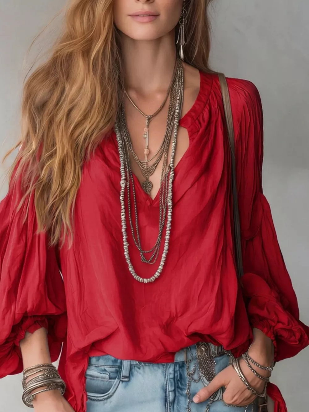 Notched Balloon Sleeve Blouse, image 10