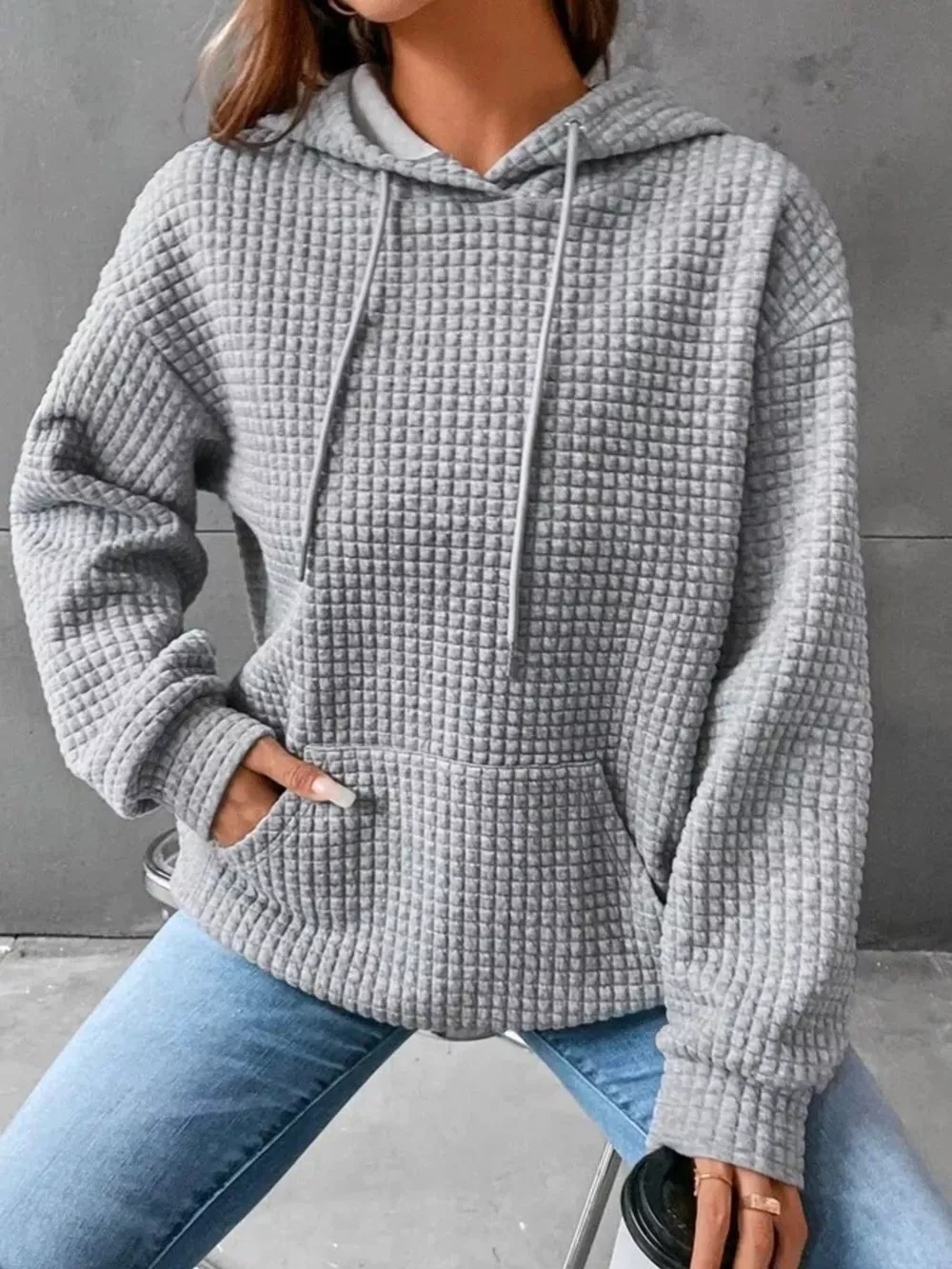 Full Size Textured Kangaroo Pocket Hoodie Plus Size, image 18